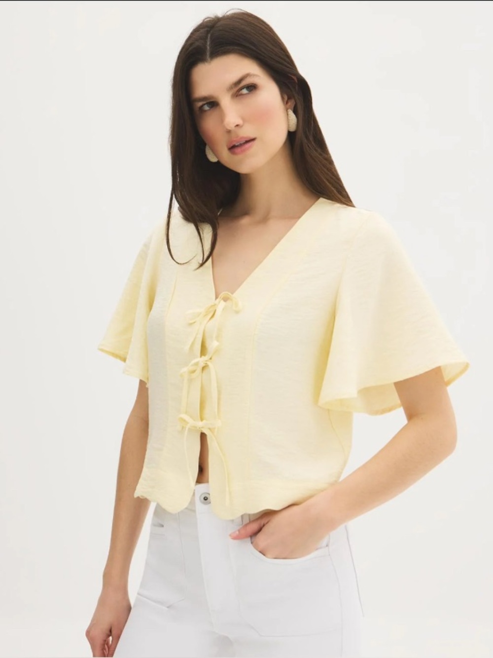 Suzy Yellow Tie-Front Flutter Sleeve Blouse. XL